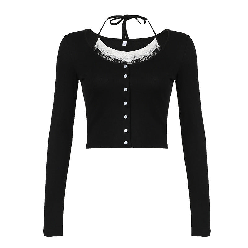 European And American Hot Girl Fake Two-piece Breasted Long Sleeve Top