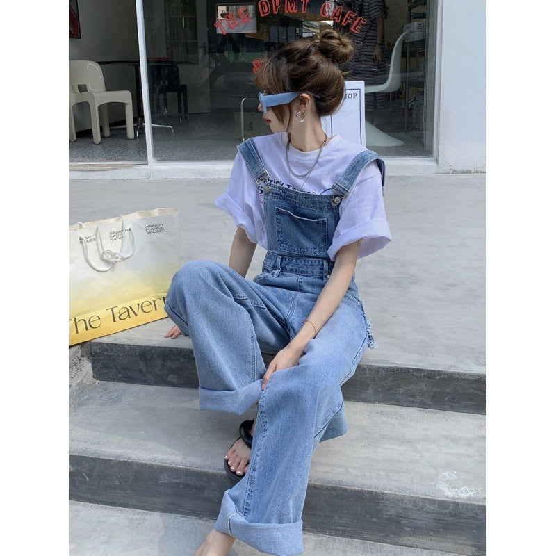 Ripped Denim Suspender Pants Women's Spring Versatile Ins High Waist Straight Wide Leg Mop Trousers Women's