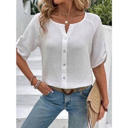 Camisa blanca con botones y manga corta de color liso a la moda de verano para mujer de estilo europeo y americano