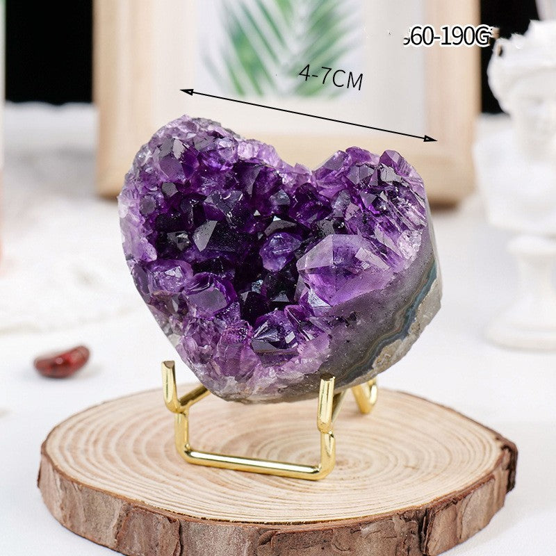 Pieza decorativa de amor en racimo de cristal de agua púrpura, muestra de mineral de piedra cruda, corazón