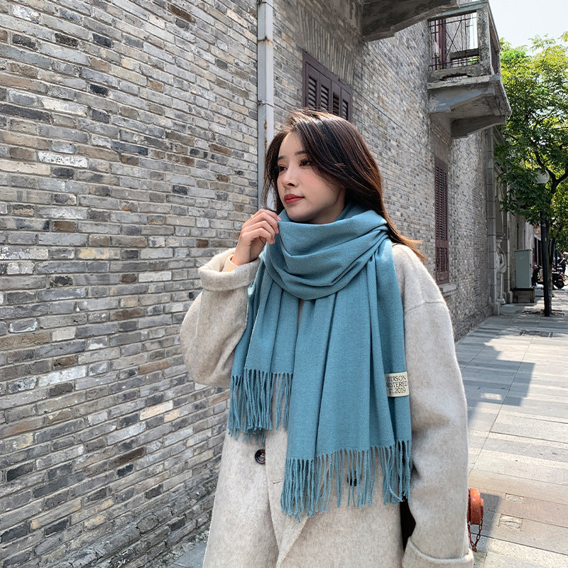 250g Solid Color Artificial Cashmere Scarf Thickened Warm Tassel Monochrome Shawl