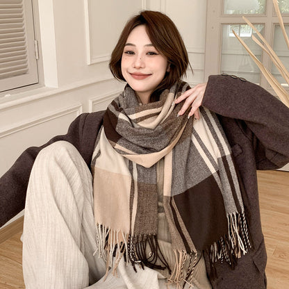 Women's All-match Cashmere Plaid Tassel Thickened Warm Shawl Scarf