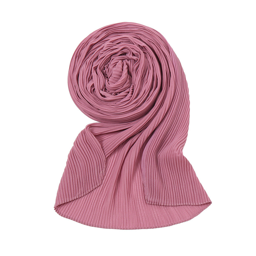 Pure Color Pearl Chiffon Pleated Scarf Women's Sunscreen Shawl