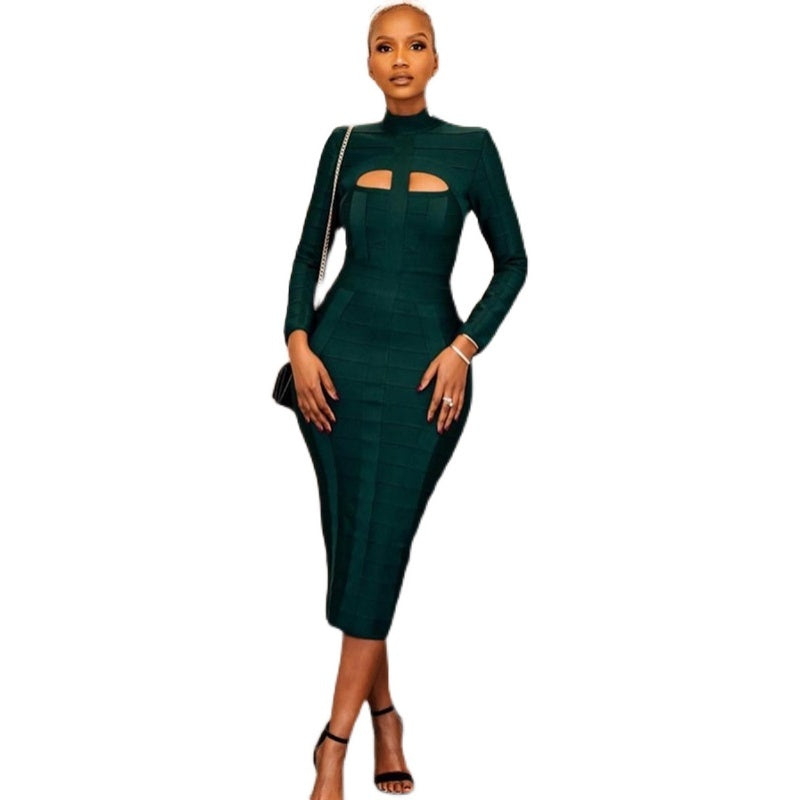 Dark Green Stand Collar Long Sleeve Slim Fit Bandage Dress