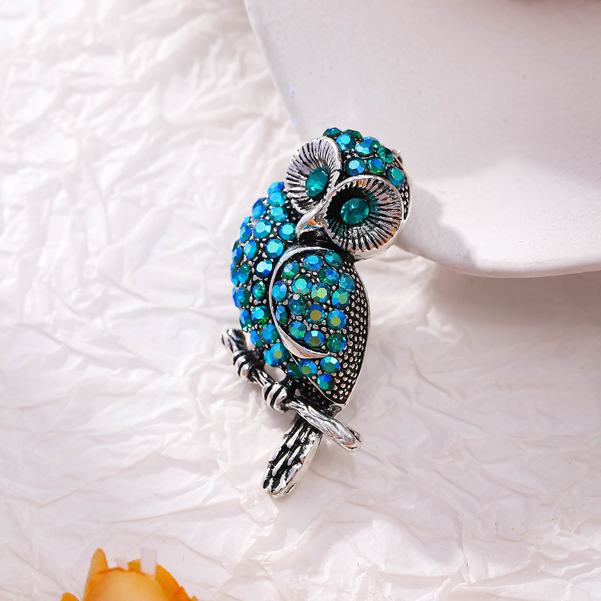 Broche de búho azul con diamantes para mujer