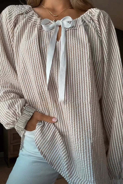 Women's Chiffon Shirt Striped Lace-up Top