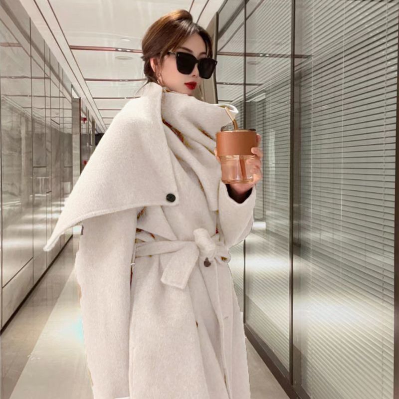 Women's Double-sided Cashmere Coat With Scarf Elegant Woolen Overcoat