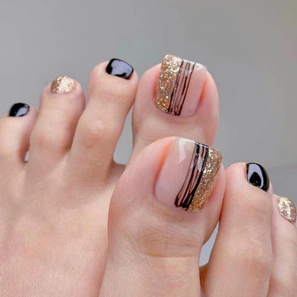 Women's Fashion Black Line Gold Powder Wear Manicure Nails