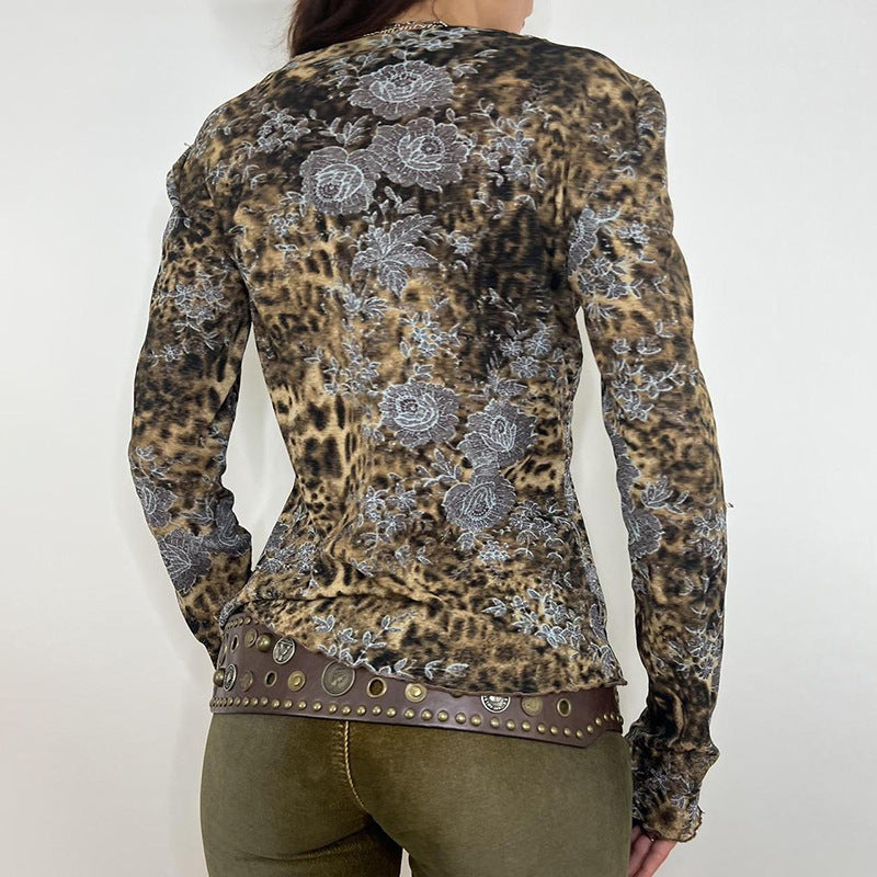 Hollow Sexy Hot Girl Leopard-print Shirt Top