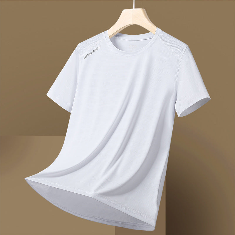 Camiseta de manga corta de secado rápido, fina, transpirable, de cuello redondo, que absorbe la humedad, de seda de hielo de alta elasticidad para mujer y hombre