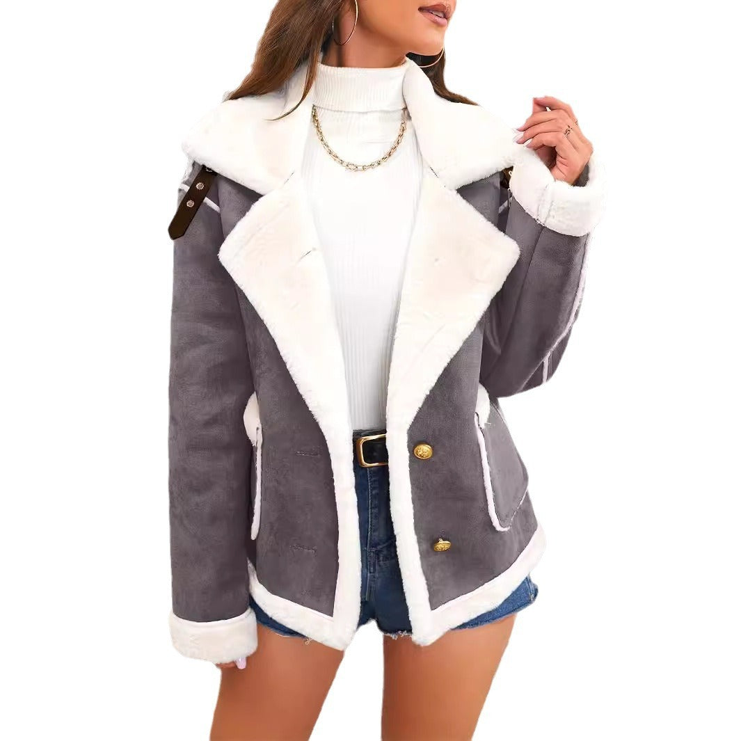 Fashion Polo Collar Plush Jacket Winter Warm Casual Jacket