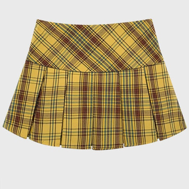 Retro College Style Yellow Jk Plaid Pleated Skirt For Women