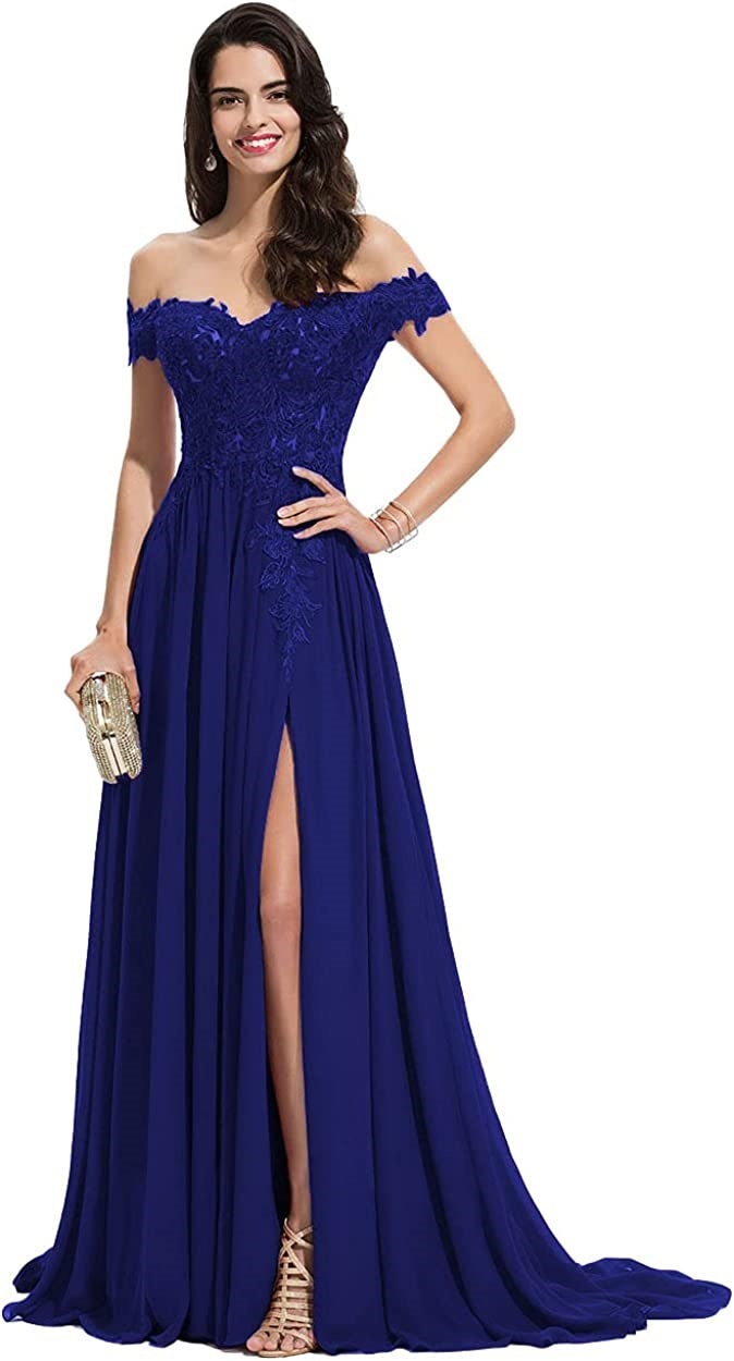 Women's Off-shoulder Shoulder-baring Long Prom Dress Slit Lace