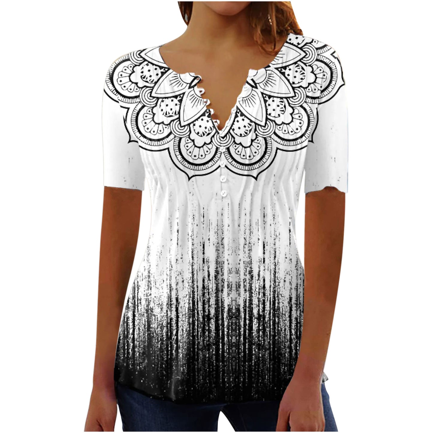 Camiseta de cuello redondo plisada con estampado digital 3D para mujer