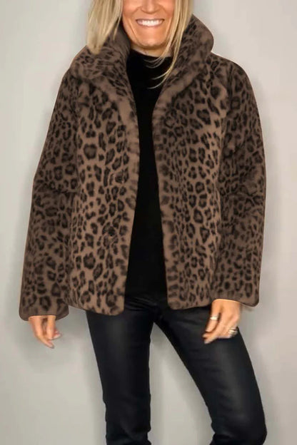 Nueva blusa de lana de piel sintética con solapa y estampado de leopardo de moda para mujer de invierno