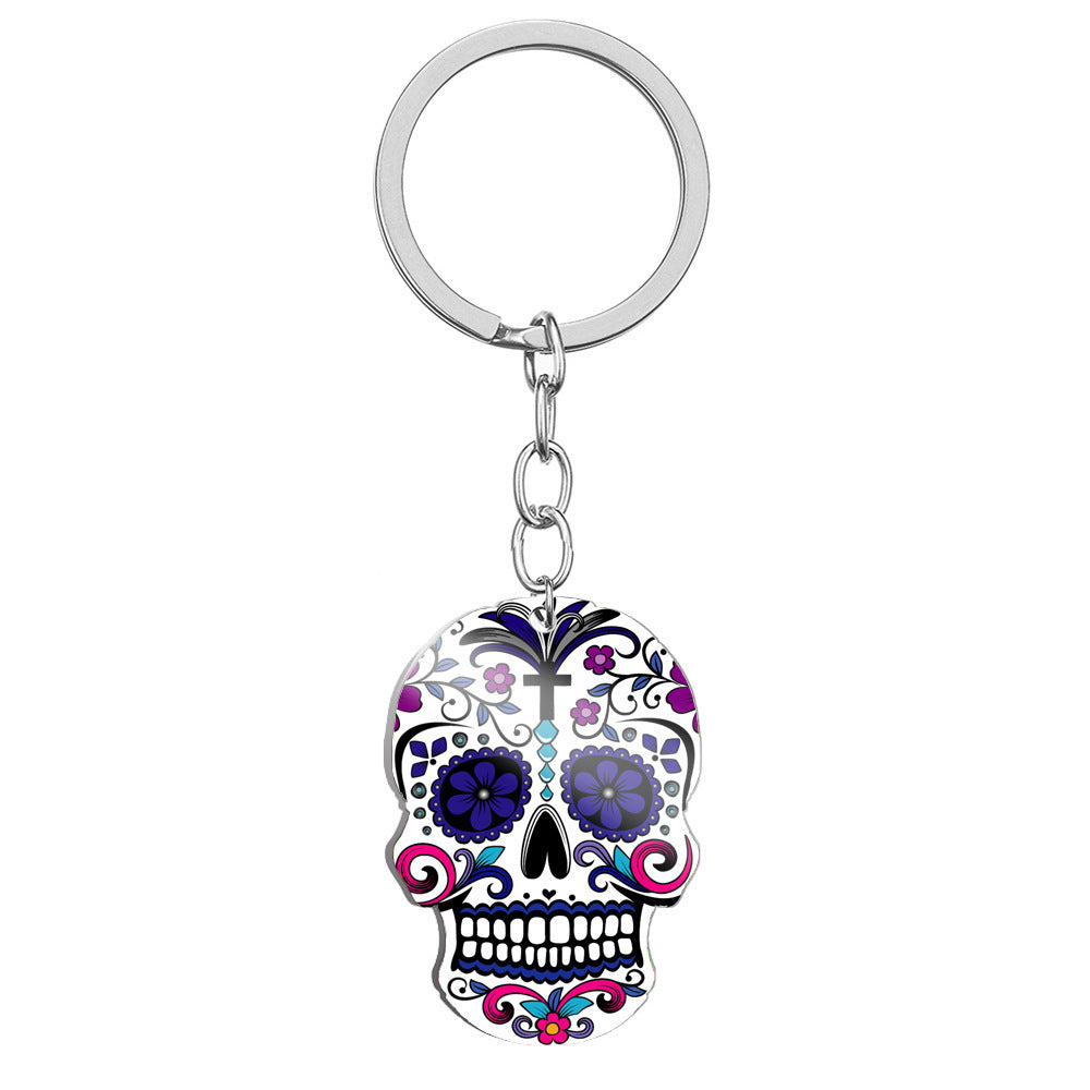 Day Of The Dead Skull Color Printing Stainless Steel Key Ring