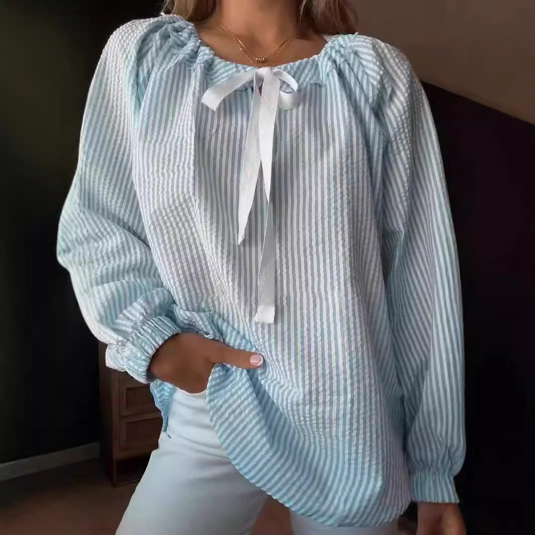 Women's Chiffon Shirt Striped Lace-up Top