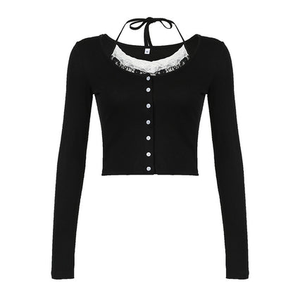 European And American Hot Girl Fake Two-piece Breasted Long Sleeve Top