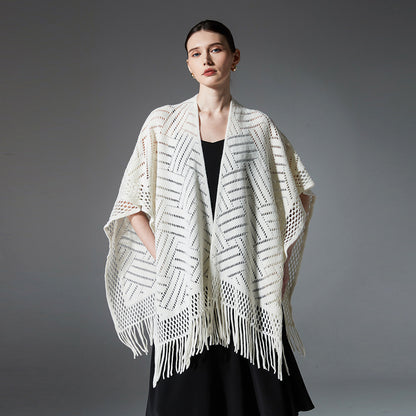 Warp Knitted Solid Color Tassel Thin Hollow Shawl