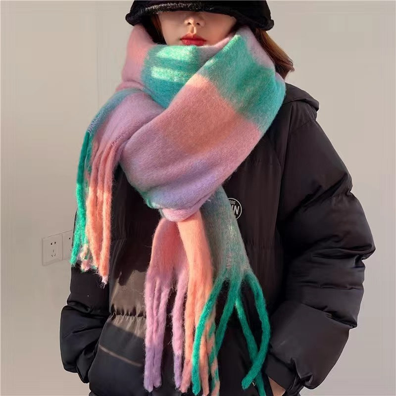 Women's Plaid Tassel Scarf Rainbow Color-blocking Shawl