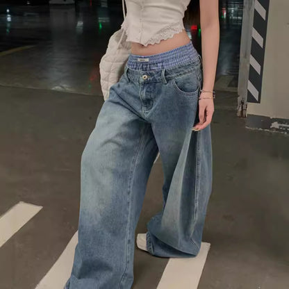 Women's Double-waist Washed Wide-leg Jeans