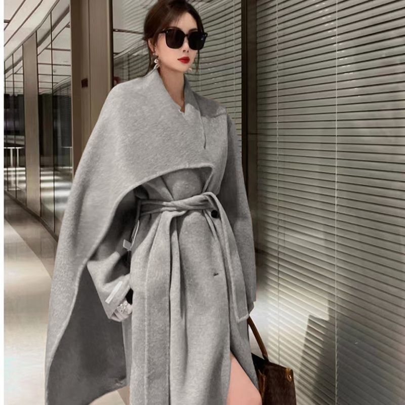 Women's Double-sided Cashmere Coat With Scarf Elegant Woolen Overcoat