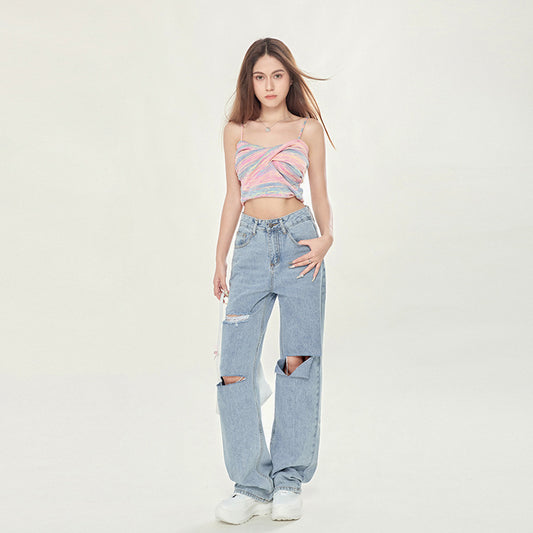 Women's High Waist Light Blue Ripped Wide-legged Jeans