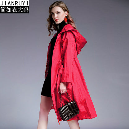 Large size women's fat mm coat female 2018 autumn new lace hooded waist red long sleeve windbreaker 7003