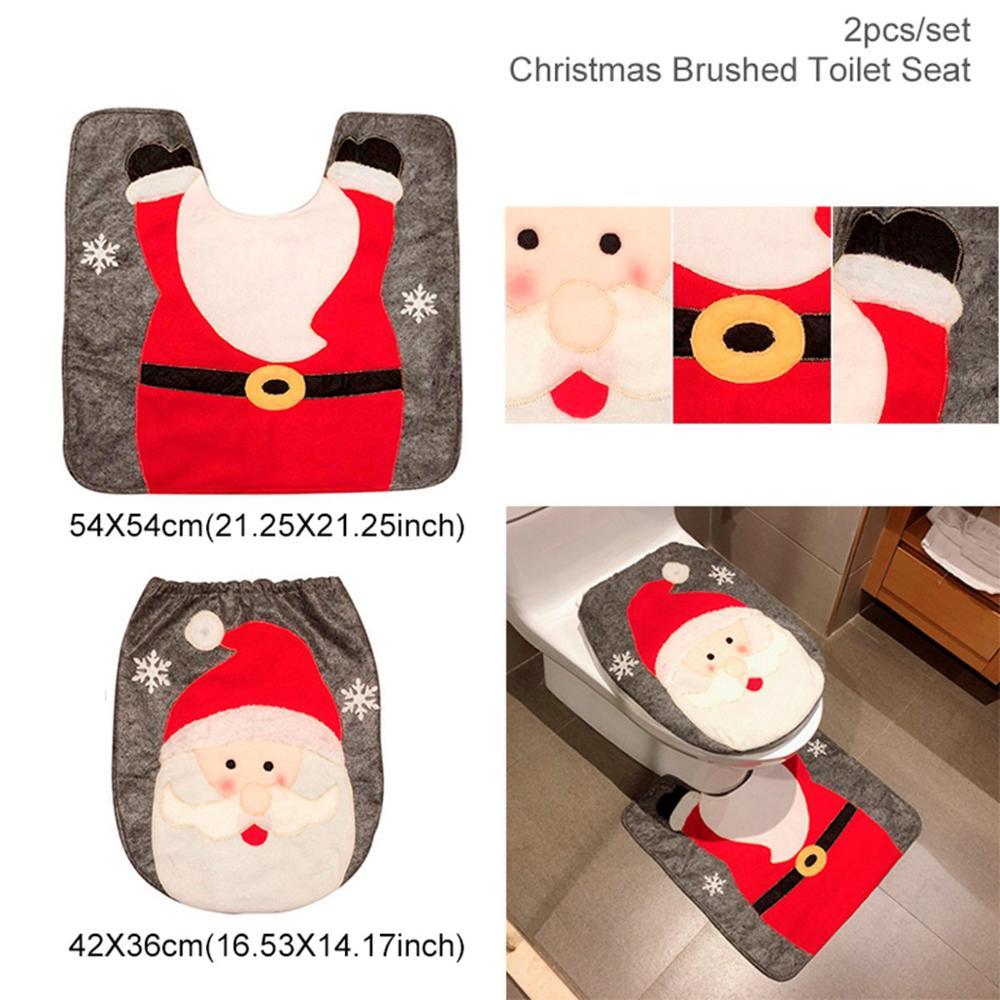 Cortina de baño navideña con diseño de Papá Noel y asiento de inodoro con adornos navideños