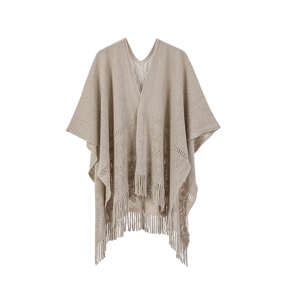 Warp Knitted Solid Color Tassel Thin Hollow Shawl