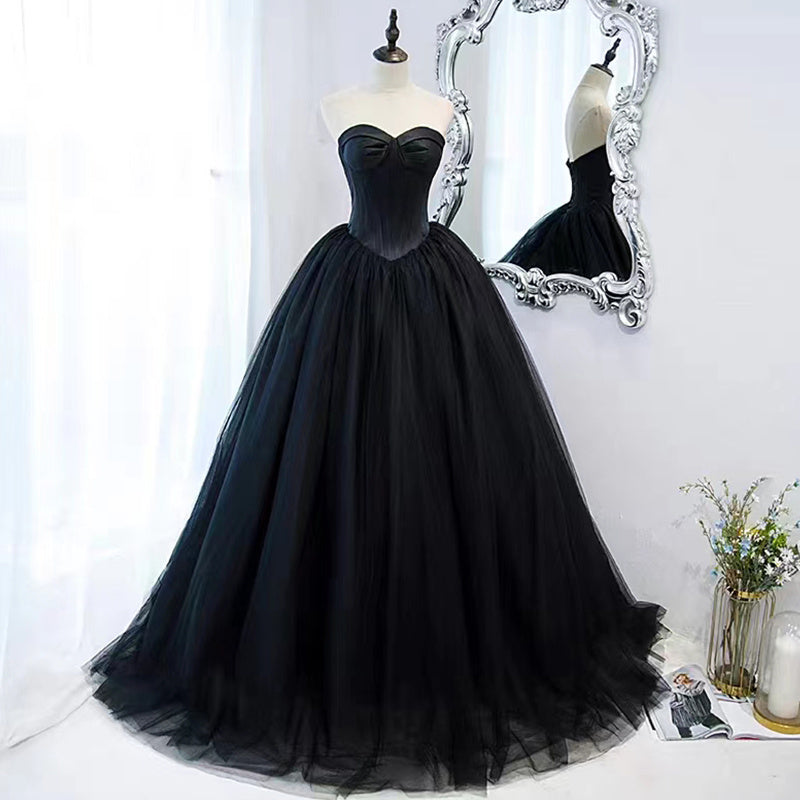 Vestido de noche negro que se puede usar como anfitrión de cumpleaños, ligero, lujoso, nicho, pecho largo