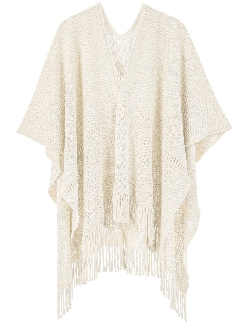 Warp Knitted Solid Color Tassel Thin Hollow Shawl