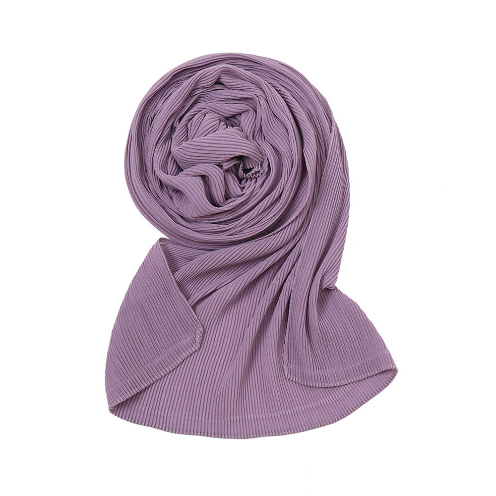 Pure Color Pearl Chiffon Pleated Scarf Women's Sunscreen Shawl