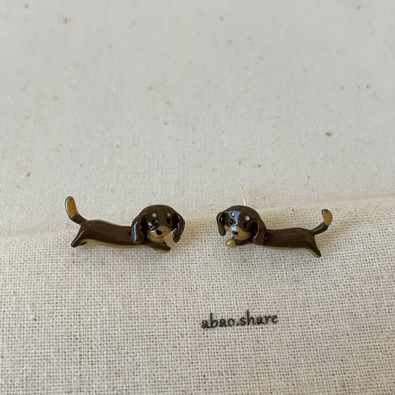 Cartoon Sausage Dog Necklace Ear Stud Ring