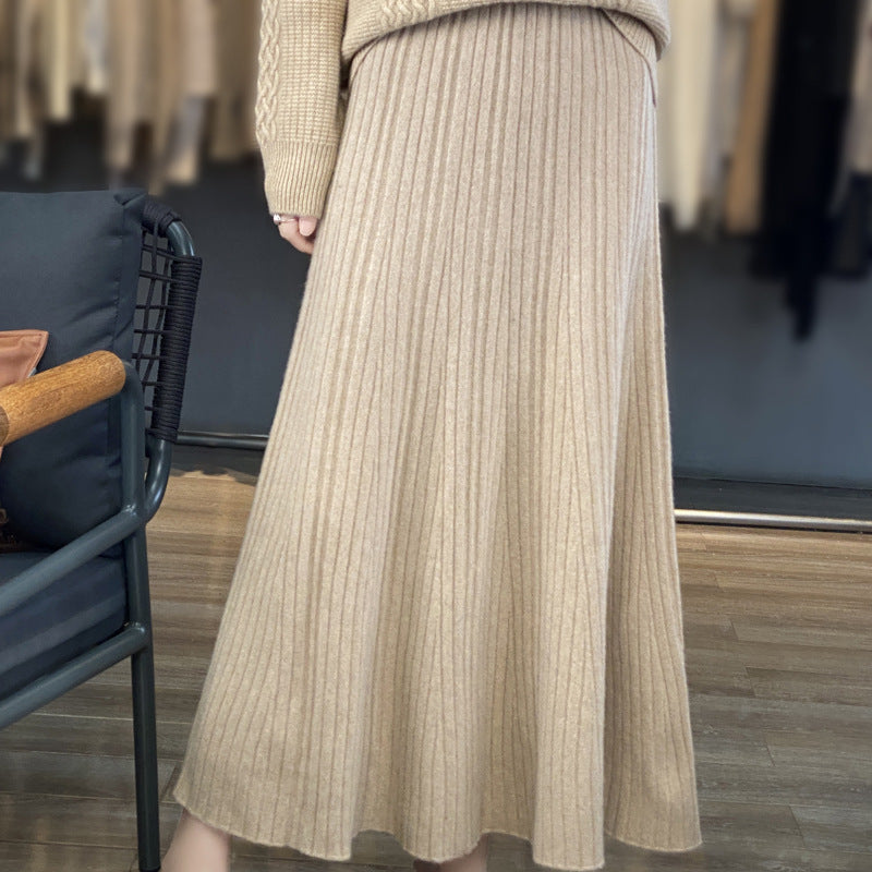 Pleated Long Wool Solid Skirt