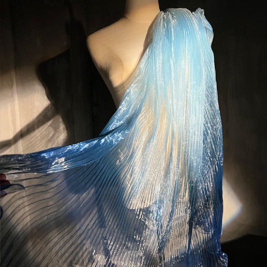 Blue Gradient Organ Pleated Large Wave Laser Organza Water Light Yarn Pleated Gown Fabric Designer Fabric