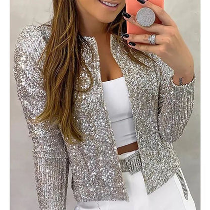 Women's Fashion Colorblock Sequins Short Casual Jacket