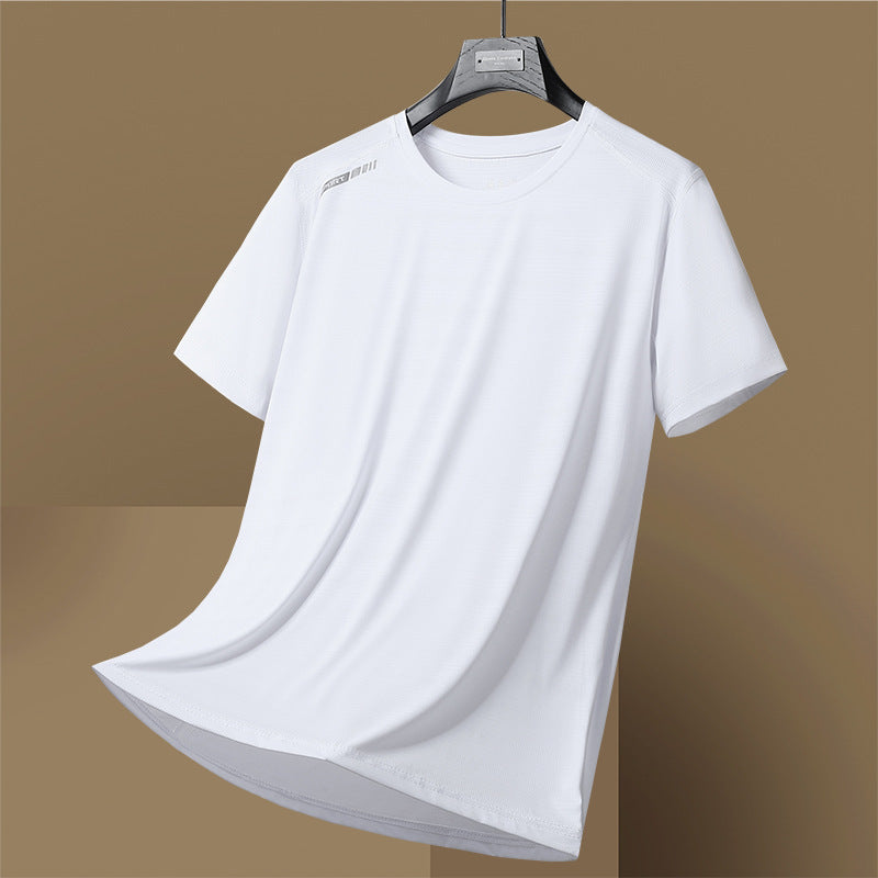 Camiseta de manga corta de secado rápido, fina, transpirable, de cuello redondo, que absorbe la humedad, de seda de hielo de alta elasticidad para mujer y hombre