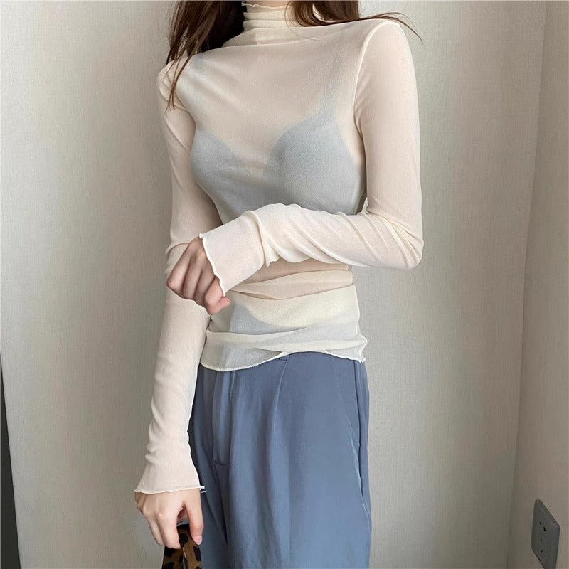 Women's Turtleneck Lace Bottoming Shirt With Wooden Ears