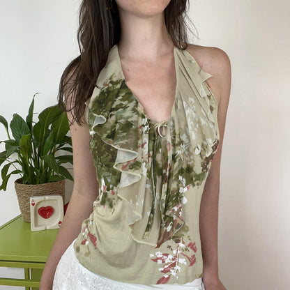 Mori Style Plant Print Halter Vest