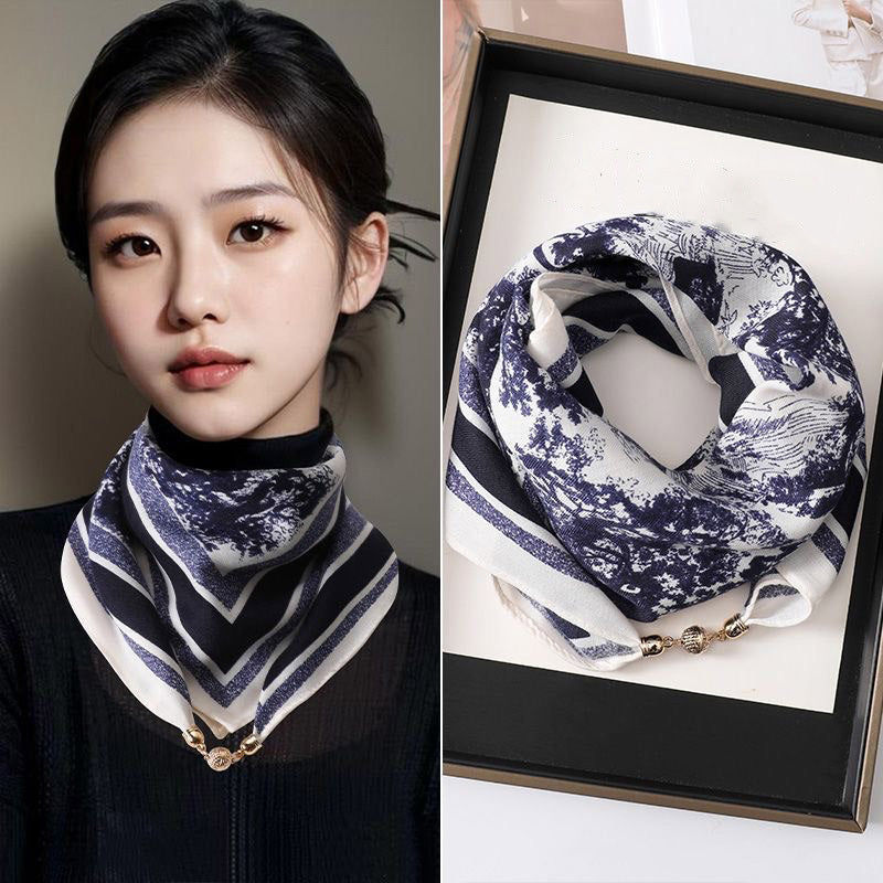 Magnetic Buckle Silk Scarf Women's Square Scarf Winter Lazy