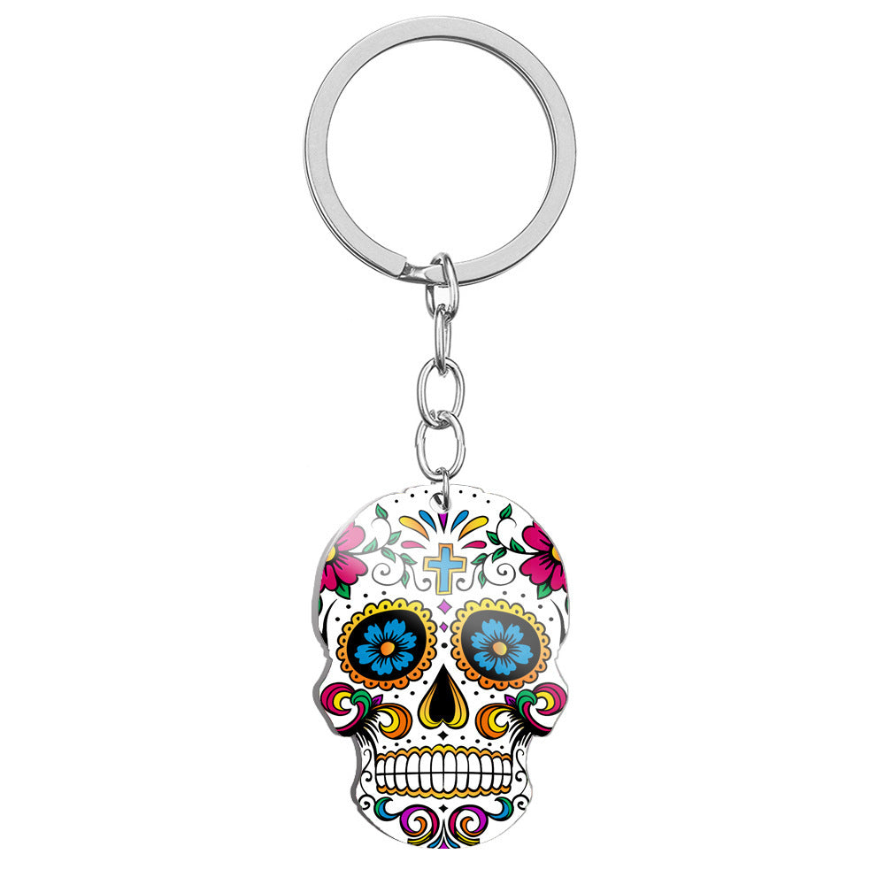 Day Of The Dead Skull Color Printing Stainless Steel Key Ring