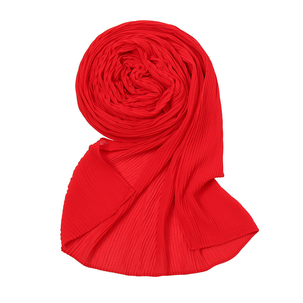 Pure Color Pearl Chiffon Pleated Scarf Women's Sunscreen Shawl