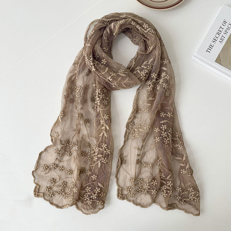 Lace Embroidered Small Floral Long Silk Scarf For Women