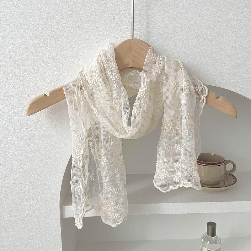 Lace Embroidered Small Floral Long Silk Scarf For Women