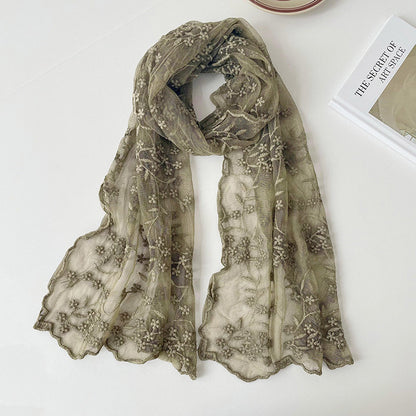 Lace Embroidered Small Floral Long Silk Scarf For Women