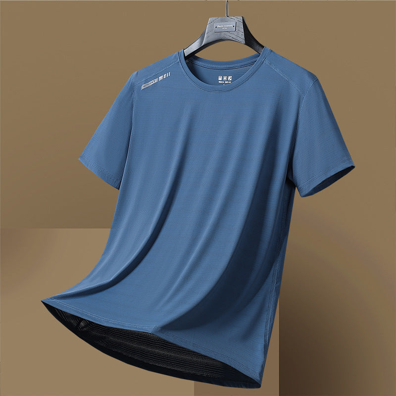 Camiseta de manga corta de secado rápido, fina, transpirable, de cuello redondo, que absorbe la humedad, de seda de hielo de alta elasticidad para mujer y hombre