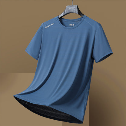 Camiseta de manga corta de secado rápido, fina, transpirable, de cuello redondo, que absorbe la humedad, de seda de hielo de alta elasticidad para mujer y hombre