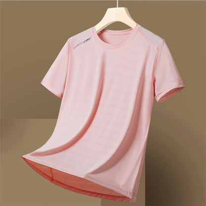 Camiseta de manga corta de secado rápido, fina, transpirable, de cuello redondo, que absorbe la humedad, de seda de hielo de alta elasticidad para mujer y hombre