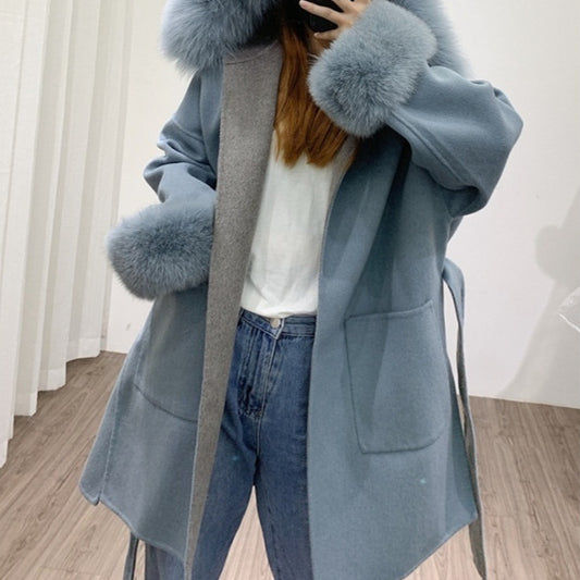 Hooded Reversible Cashmere Mid-length Fox Fur Collar Woolen Coat